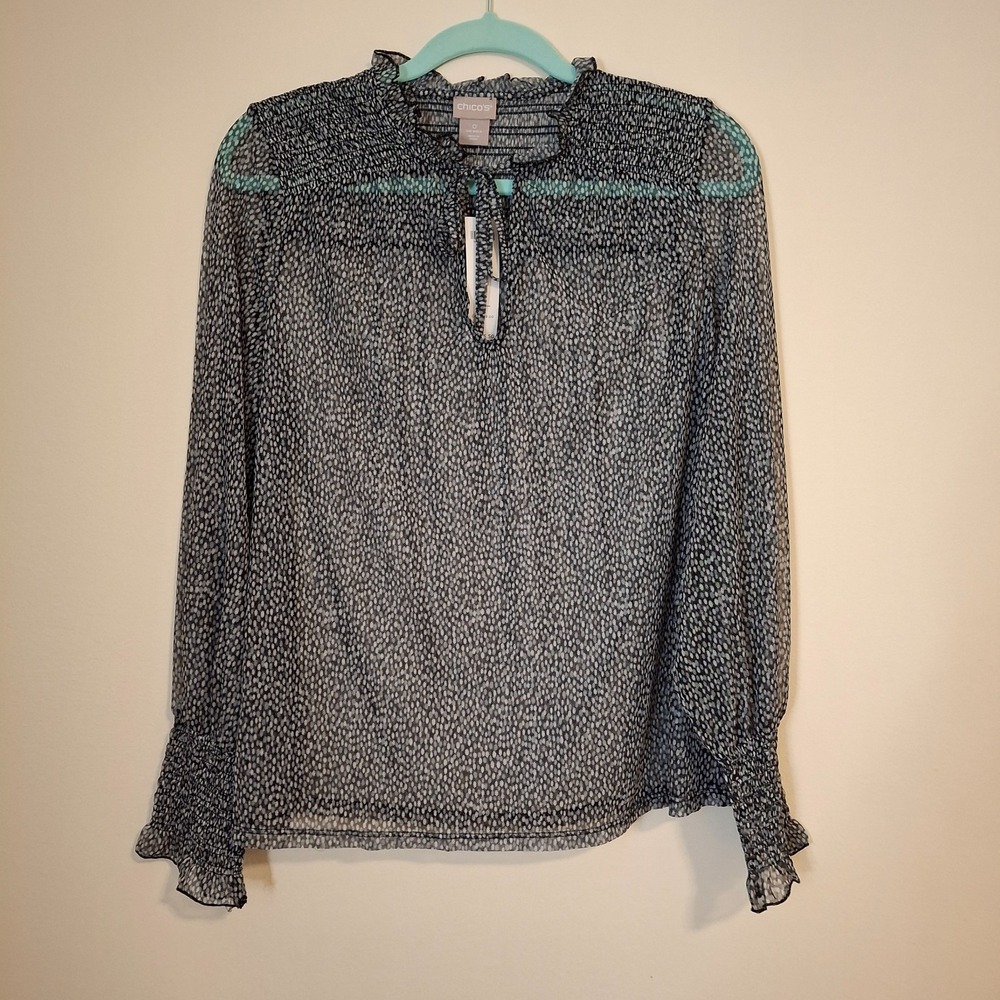 Chico's Womens 0 Small Dot Smocked Mesh Top Black White Keyhole Tie Long Sleeve